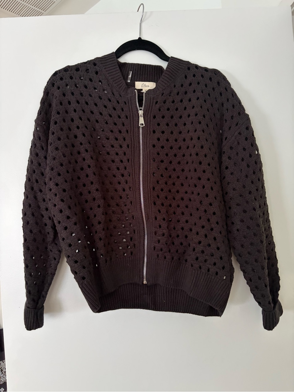 Elan Black Eyelet Knit Bomber Jacket